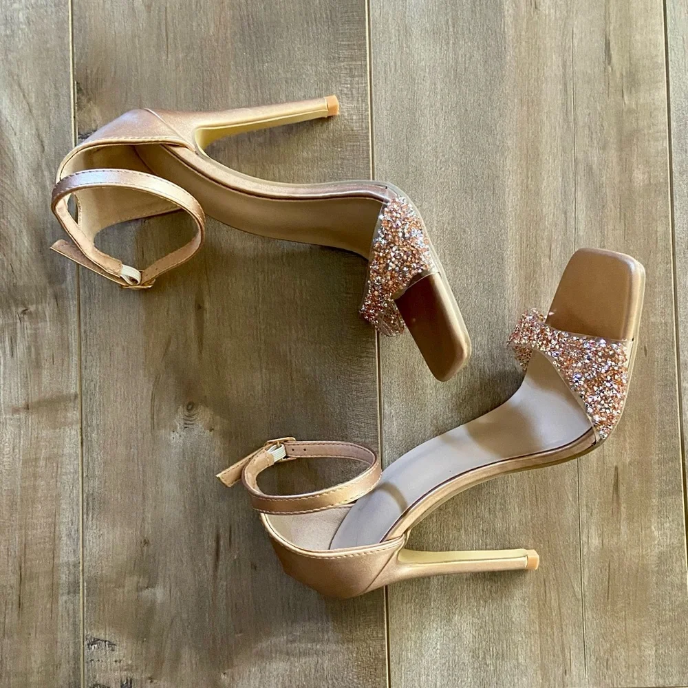 Open Toe Ankle Strap Rhinestone Band Dress Sandal Stiletto High Heel in Gold